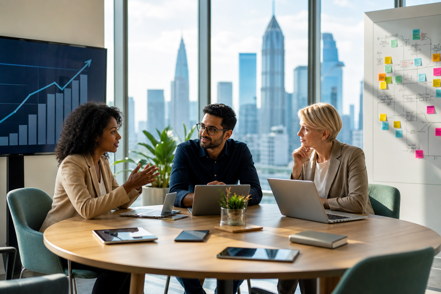 leaders discussing AI strategies in a downtown office